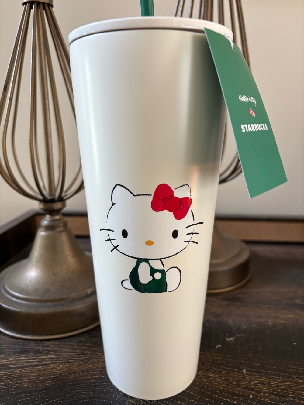 Sanrio Hello Kitty White Tumbler with Red Bow and Green Outfit